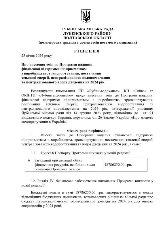 Лубни-водоканал, Лубнитеплоенерго та Сяйво отримають у 2024 році з бюджету громади понад 18 млн грн