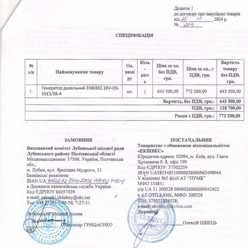 У Лубнах міська рада придбала дизельний генератор за майже 800 тис грн