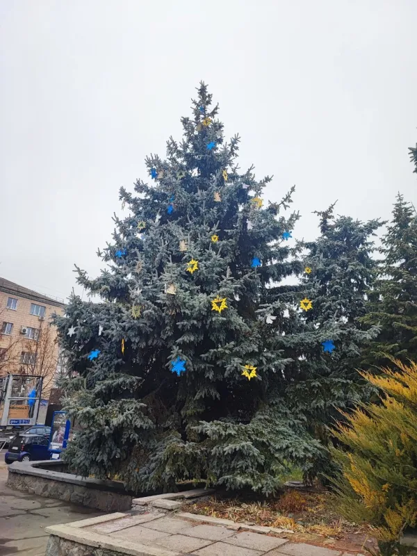 У Лубнах прикрашають живу новорічну ялинку