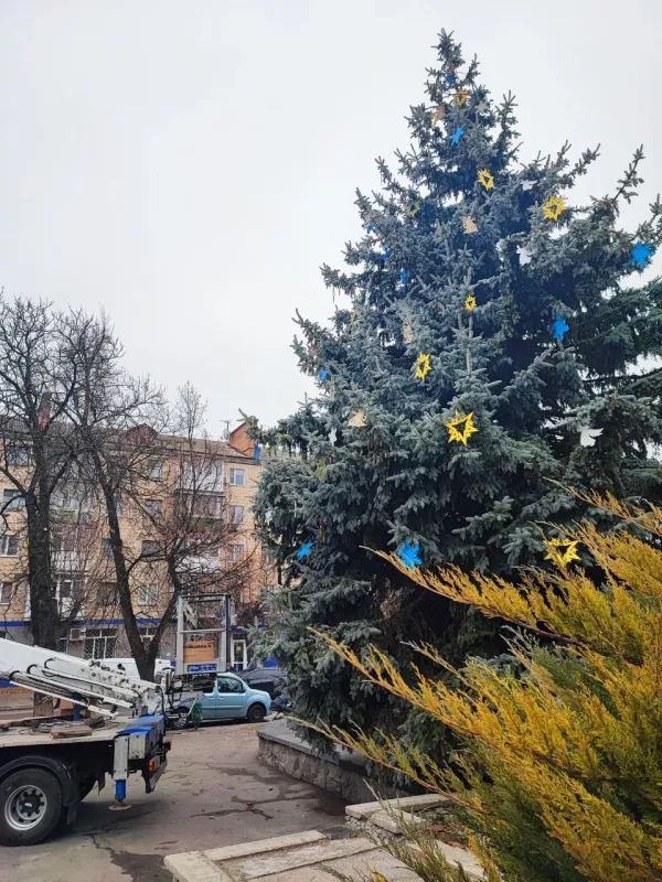У Лубнах прикрашають живу новорічну ялинку